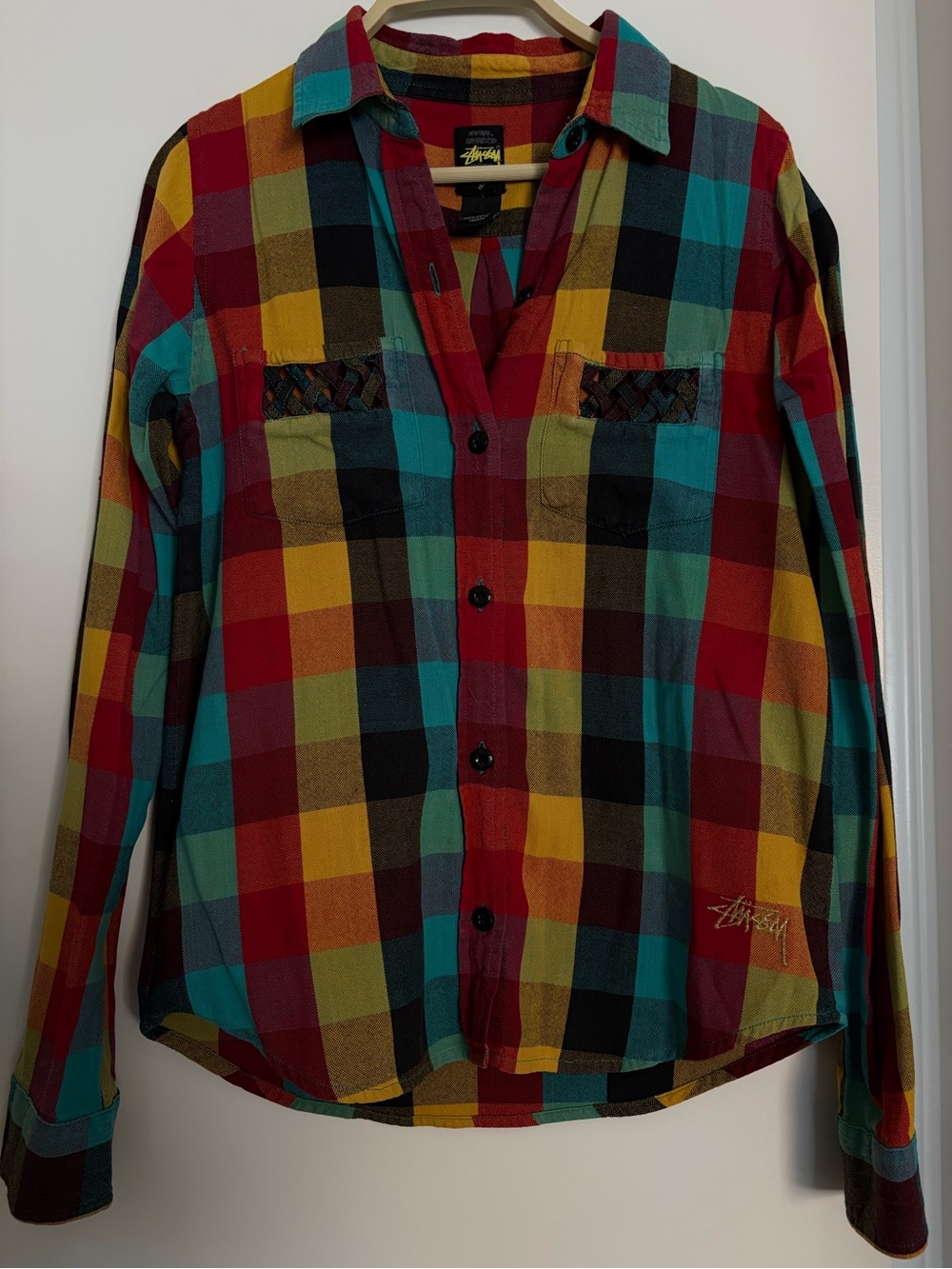 Stussy Red Teal Mustard Plaid Button-Up Shirt